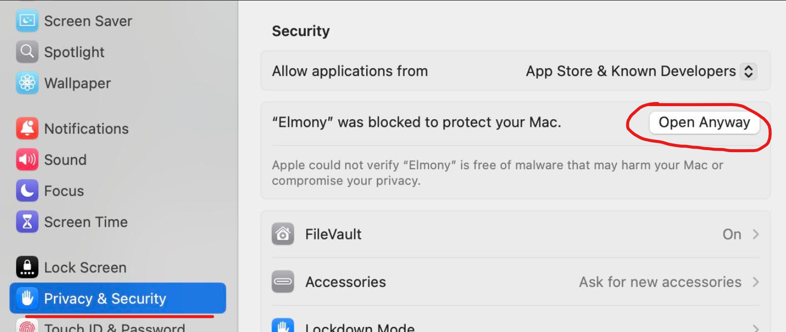Schermata Privacy e sicurezza di macOS che mostra il pulsante Apri comunque per Elmony