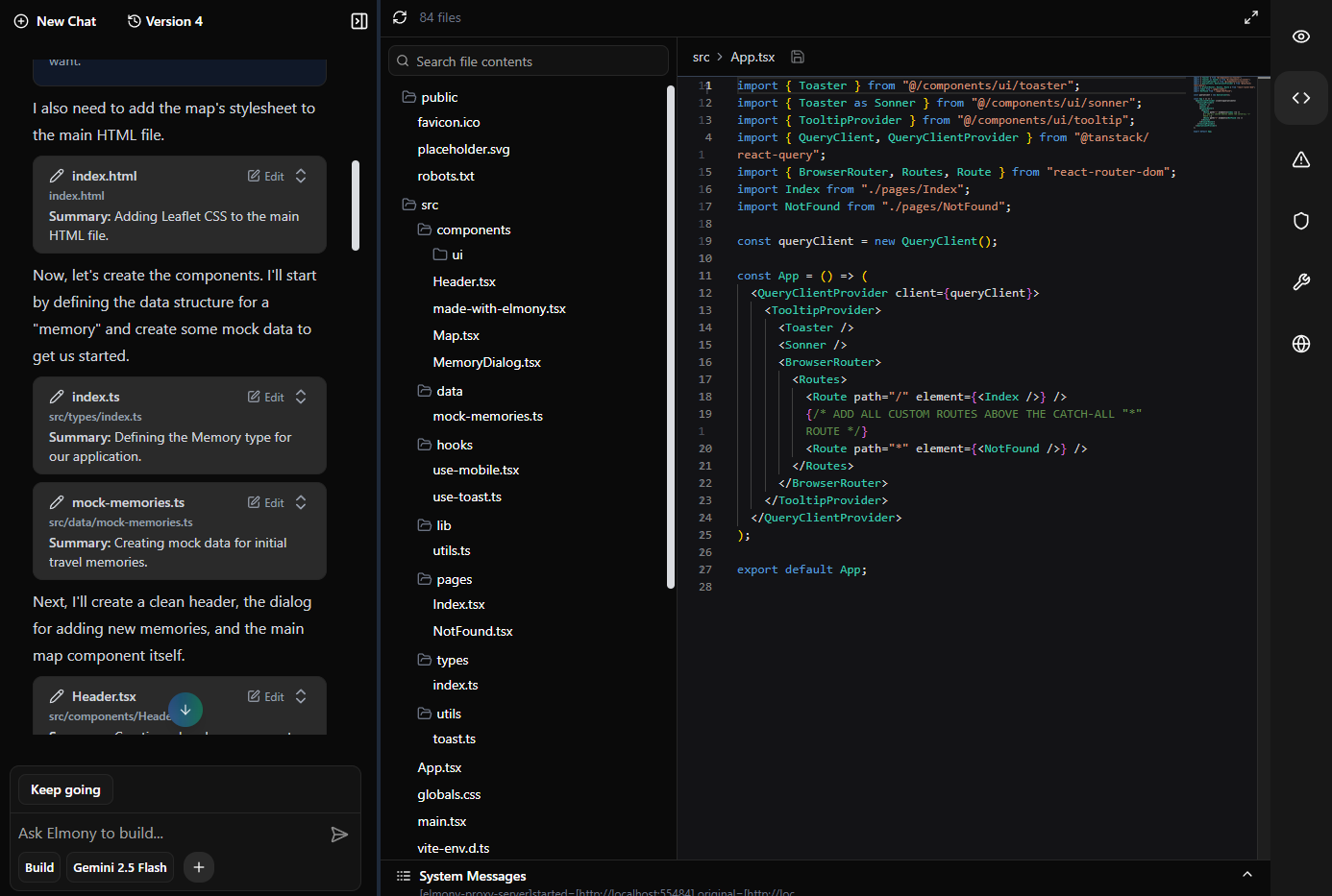 Code editor review panel showing file changes and suggestions