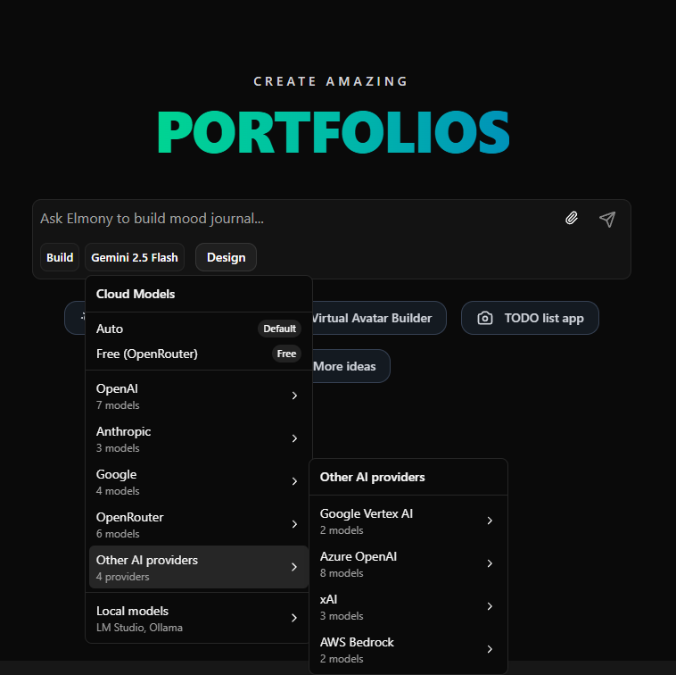 AI model selector menu showing popular providers and models