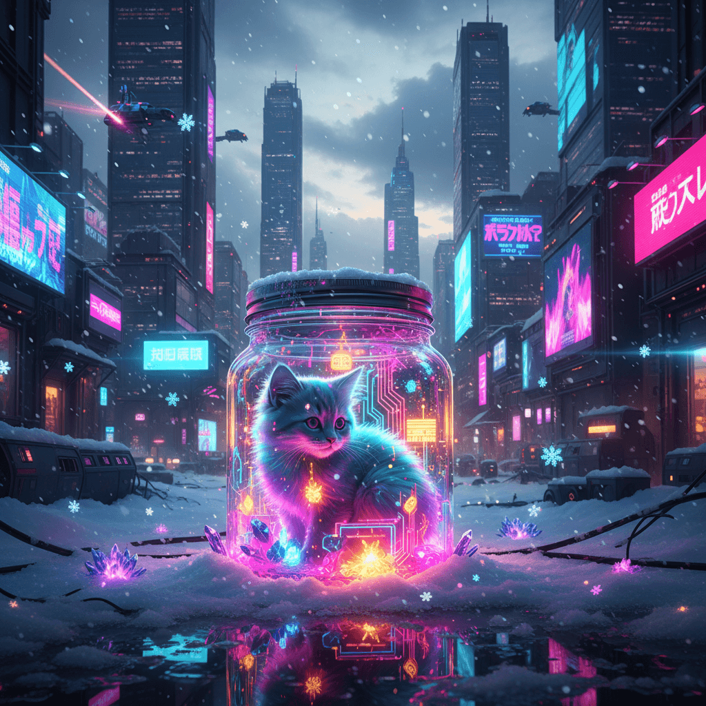 Cyberpunk kitty glowing inside a jar with neon snow and city lights